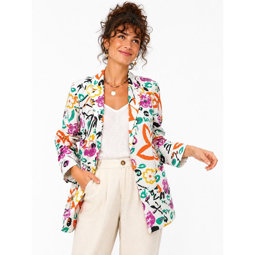 Vintage Whimsical Dopamine Floral Linen Blazer Artsy Jacket 80s Size M Whimsical